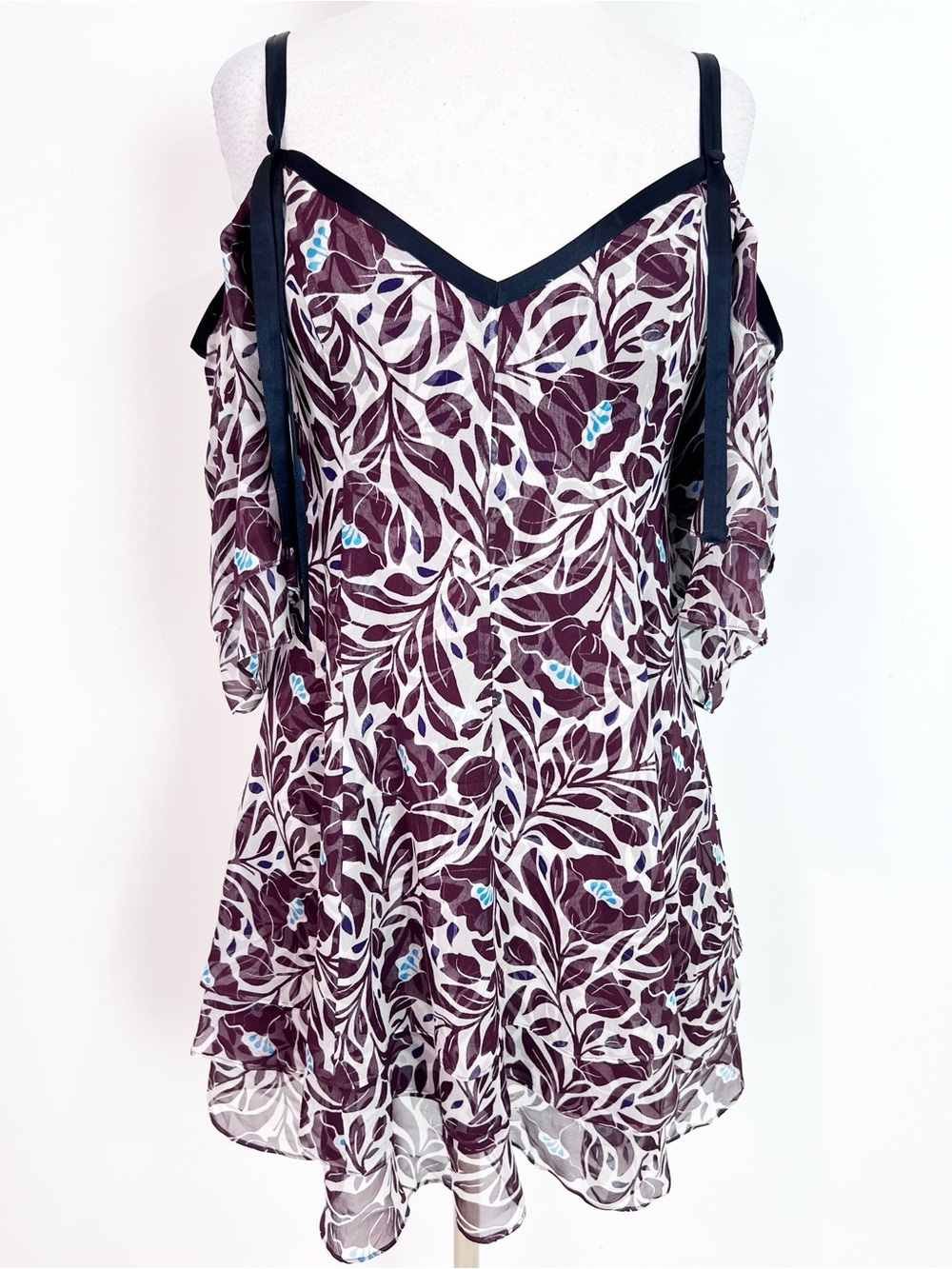 CINQ A SEPT CORINNA BURGUNDY WHITE FLORAL SHORT SLEEVE COLD SHOULDER DRESS SZ 6